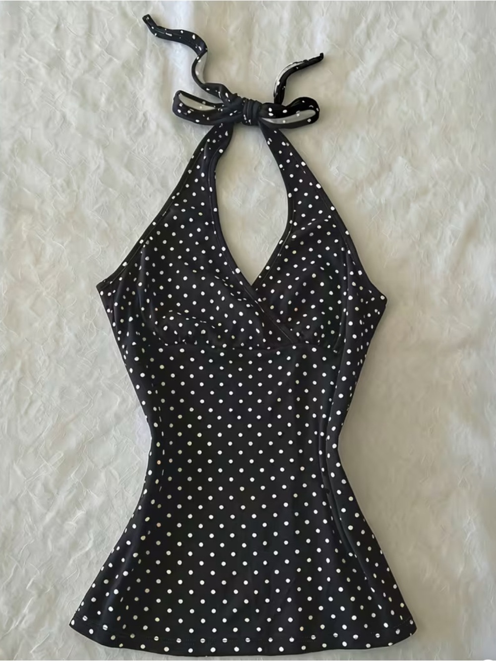 Kids Halter Swim Top in Black with White Polka Dots
